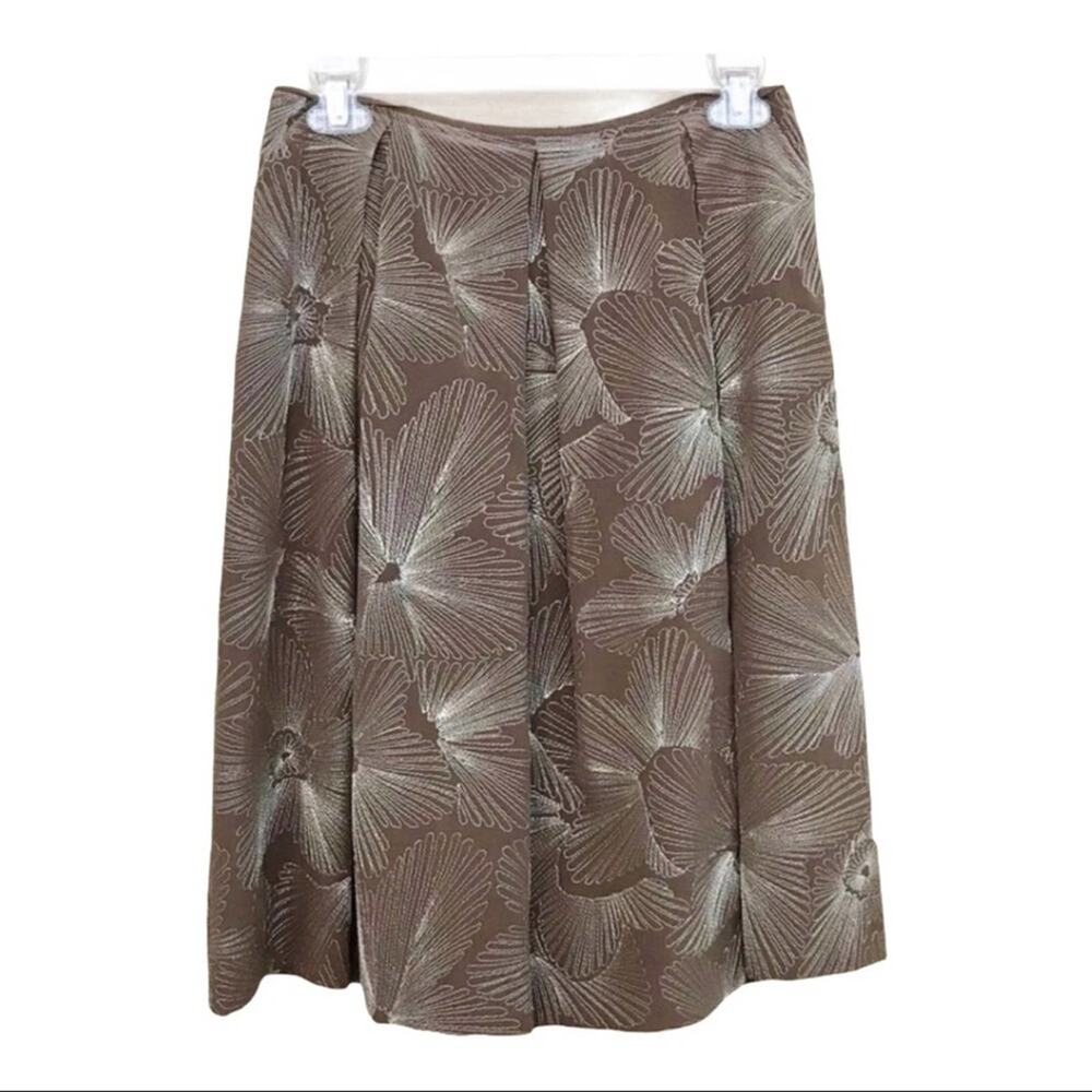 Talbots A-line Pleated Silk Skirt Brown with Silver Embroidery Knee Length